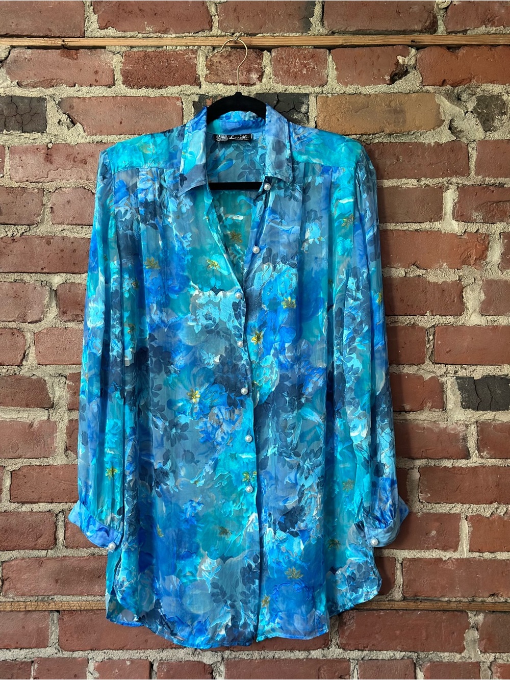 Vintage 90s Blue Watercolor Floral Silk Blend Sheer Blouse Pearl Button